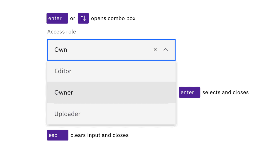 The Enter key opens and selects items in a combo box. Arrow keys can open and navigate the options. Esc clears the input and closes.